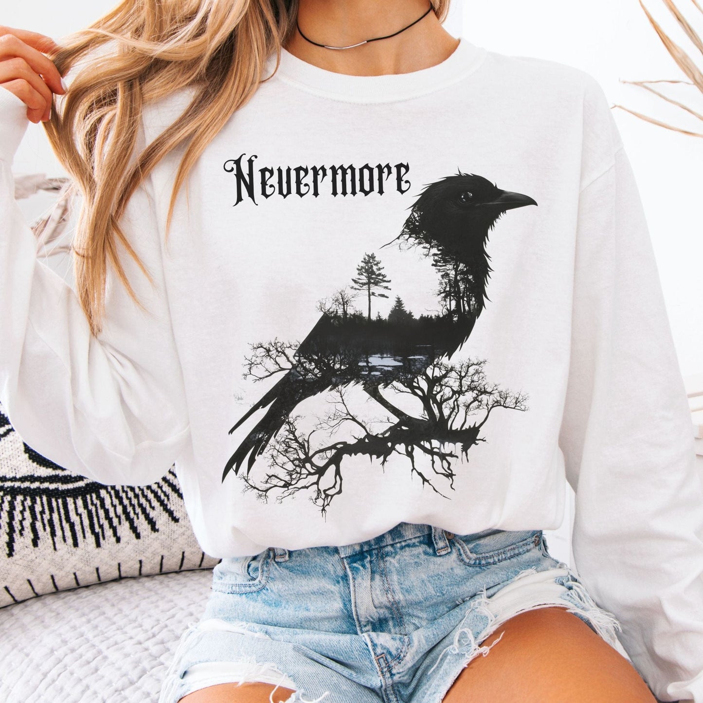 Long-sleeve White / S The Raven Nevermore Long Sleeved Shirt Edgar Allan Poe The Mystic Eden