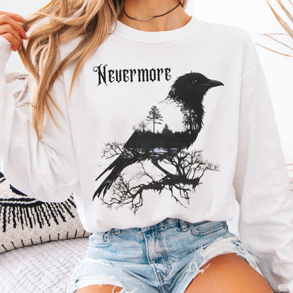 Long-sleeve White / S The Raven Nevermore Long Sleeved Shirt Edgar Allan Poe The Mystic Eden