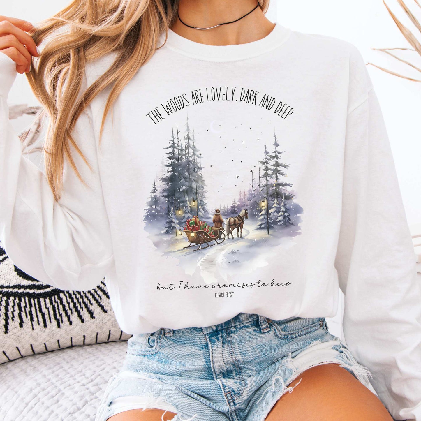 Long-sleeve White / S The Woods Are Lovely Robert Frost Christmas Edition Long Sleeve Shirt The Mystic Eden