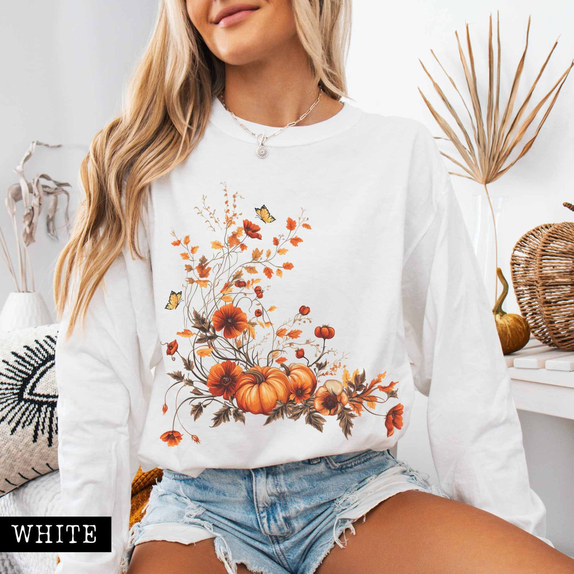 Long-sleeve White / S Vintage fall floral pumpkin long sleeve tee The Mystic Eden