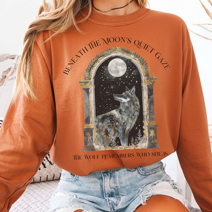Long-sleeve Yam / S Beneath The Moon The Wolf Remembers Who She Is Long Sleeve Tee The Mystic Eden