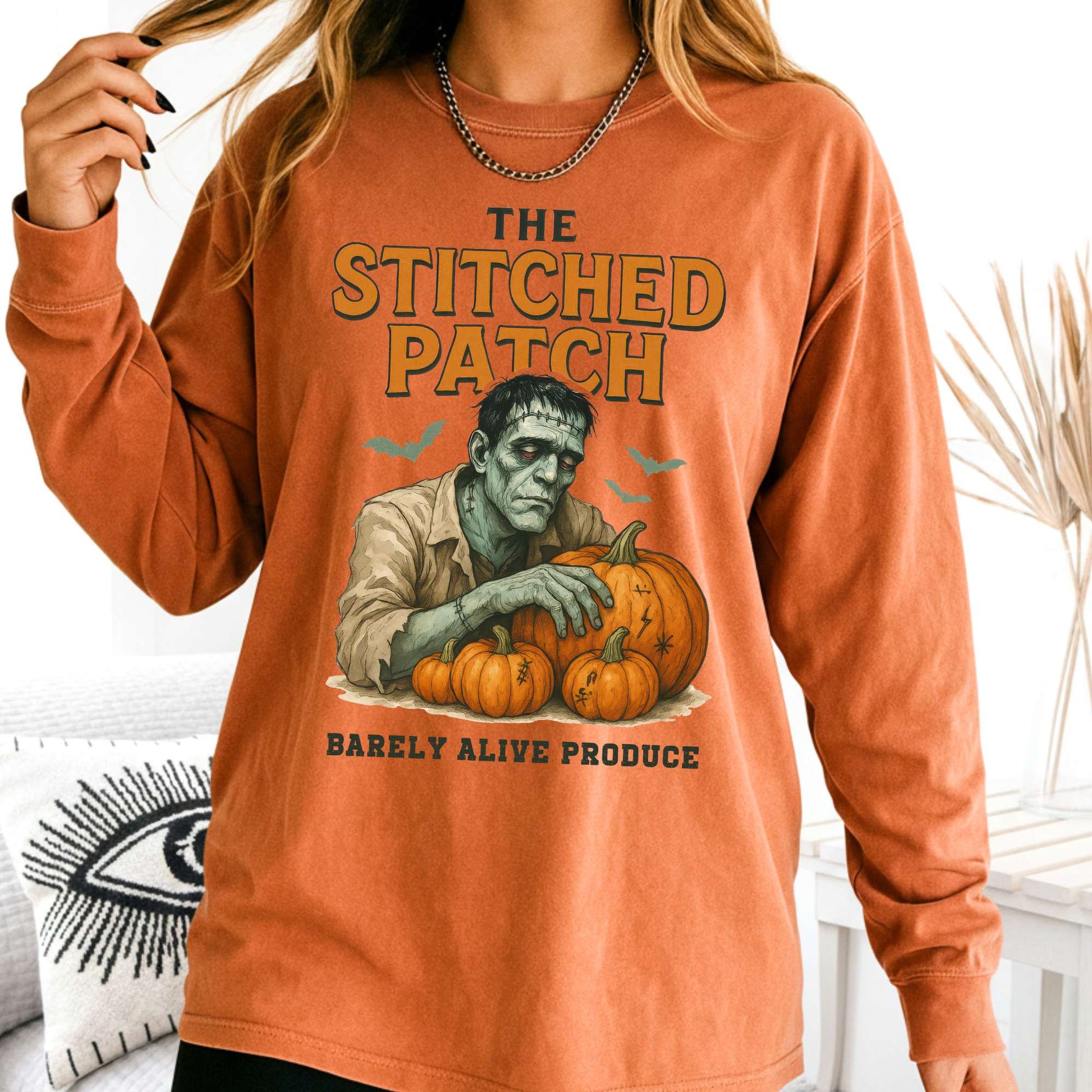 Long-sleeve Yam / S Frankenstein's The Stitched Patch: Barely Alive Produce Long Sleeve Shirt The Mystic Eden