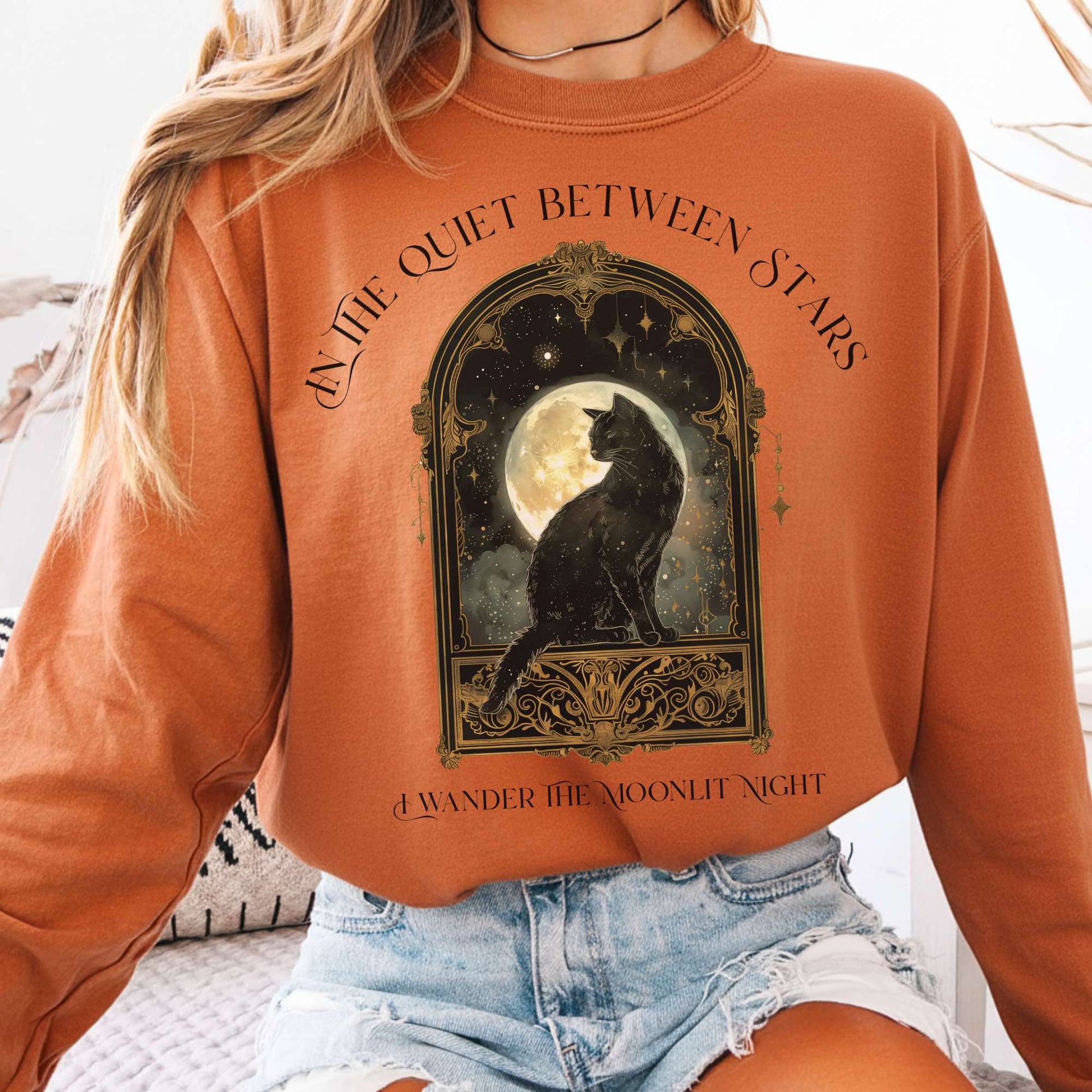 Long-sleeve Yam / S In the Quiet Between Stars Moonlit Cat Long Sleeve Tee The Mystic Eden