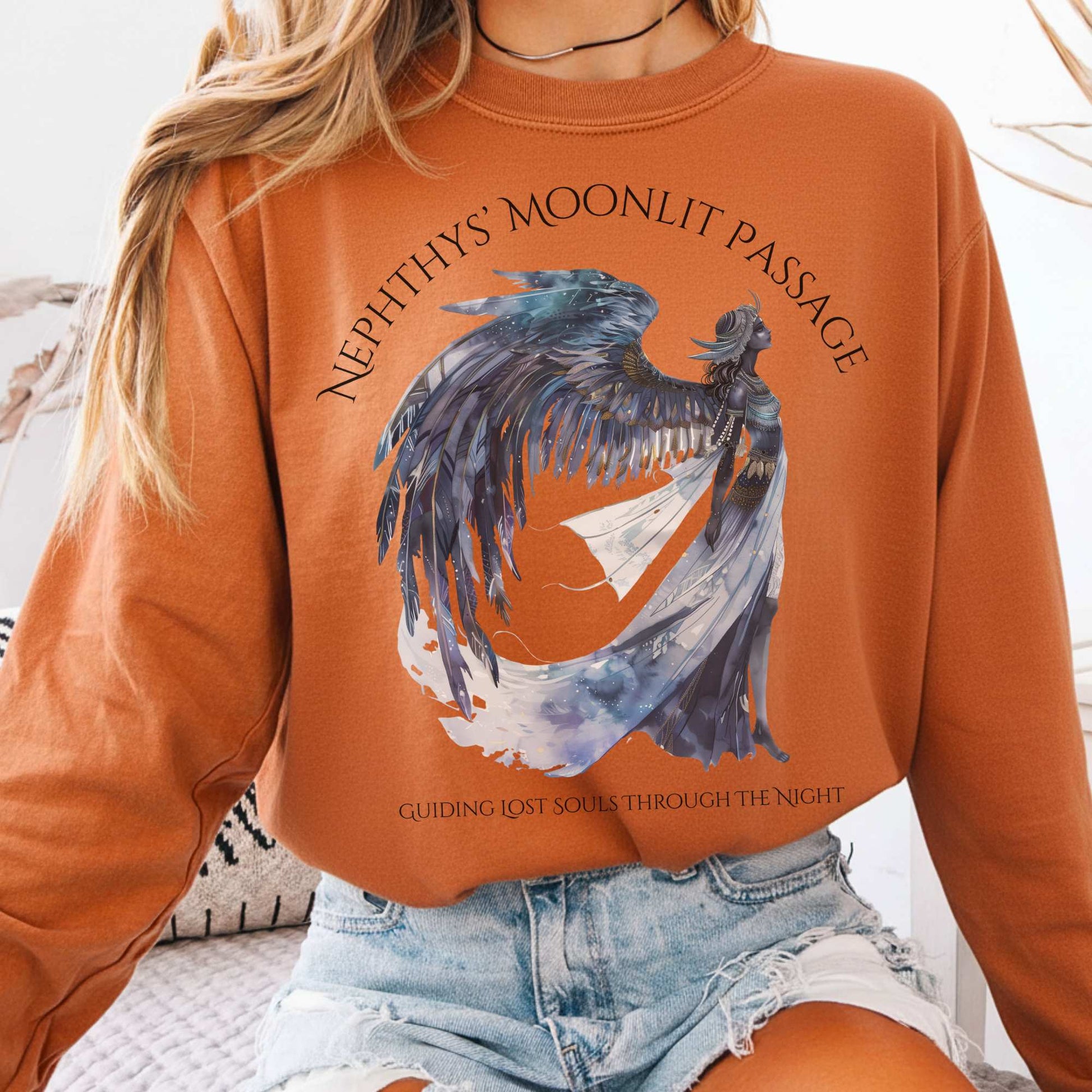 Long-sleeve Yam / S Nephthys' Moonlit Passage Egyptian Mythology Long Sleeve Tee The Mystic Eden