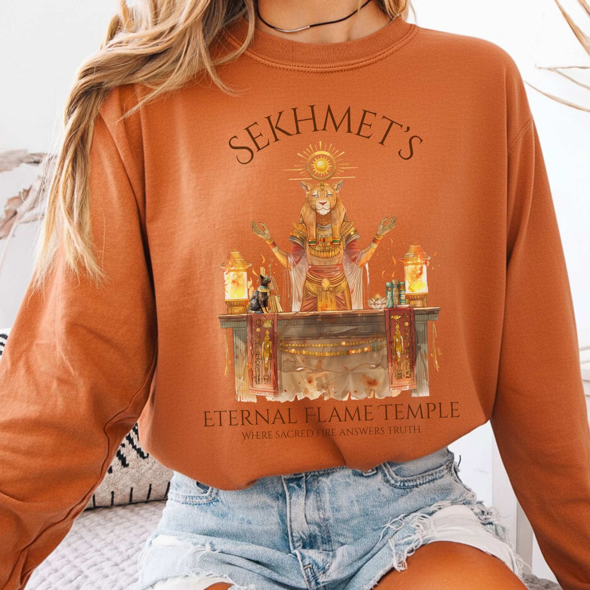 Long-sleeve Yam / S Sekhmet's Eternal Flame Temple Egyptian Mythology Long Sleeve Tee The Mystic Eden