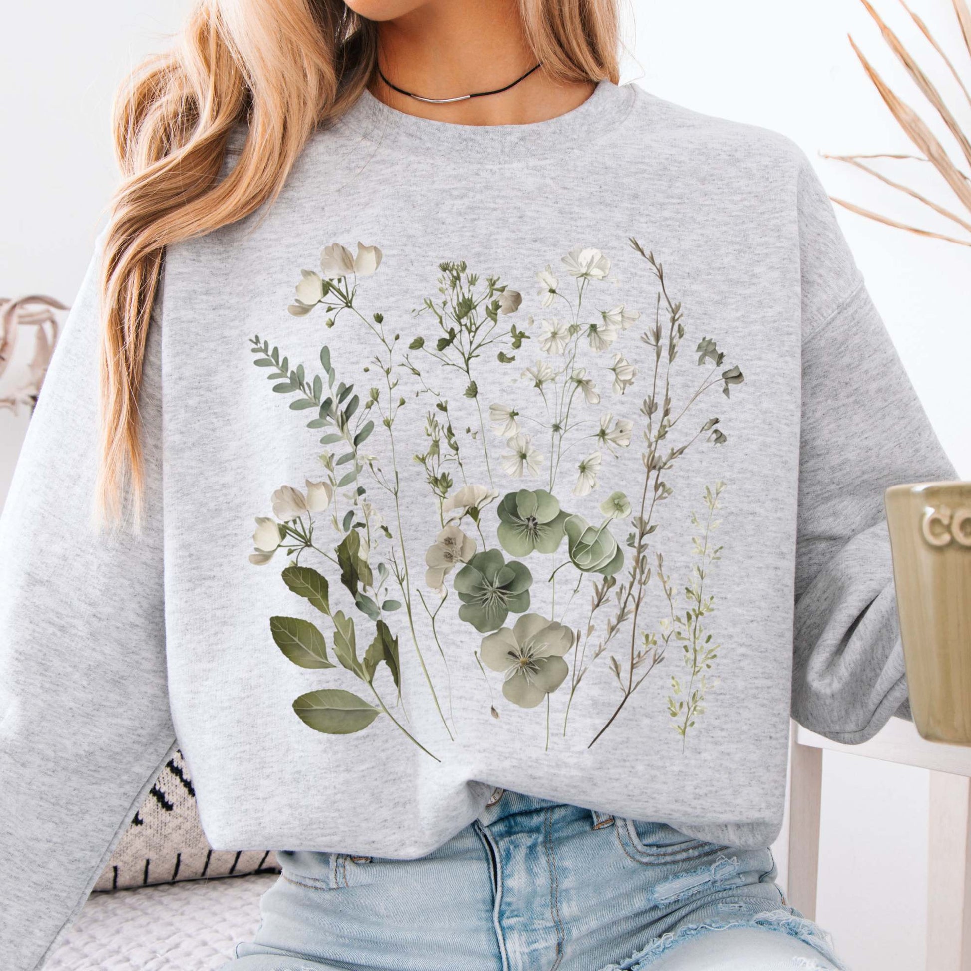 Sweatshirt Ash / S Sage and White Wildflower  Sweatshirt The Mystic Eden