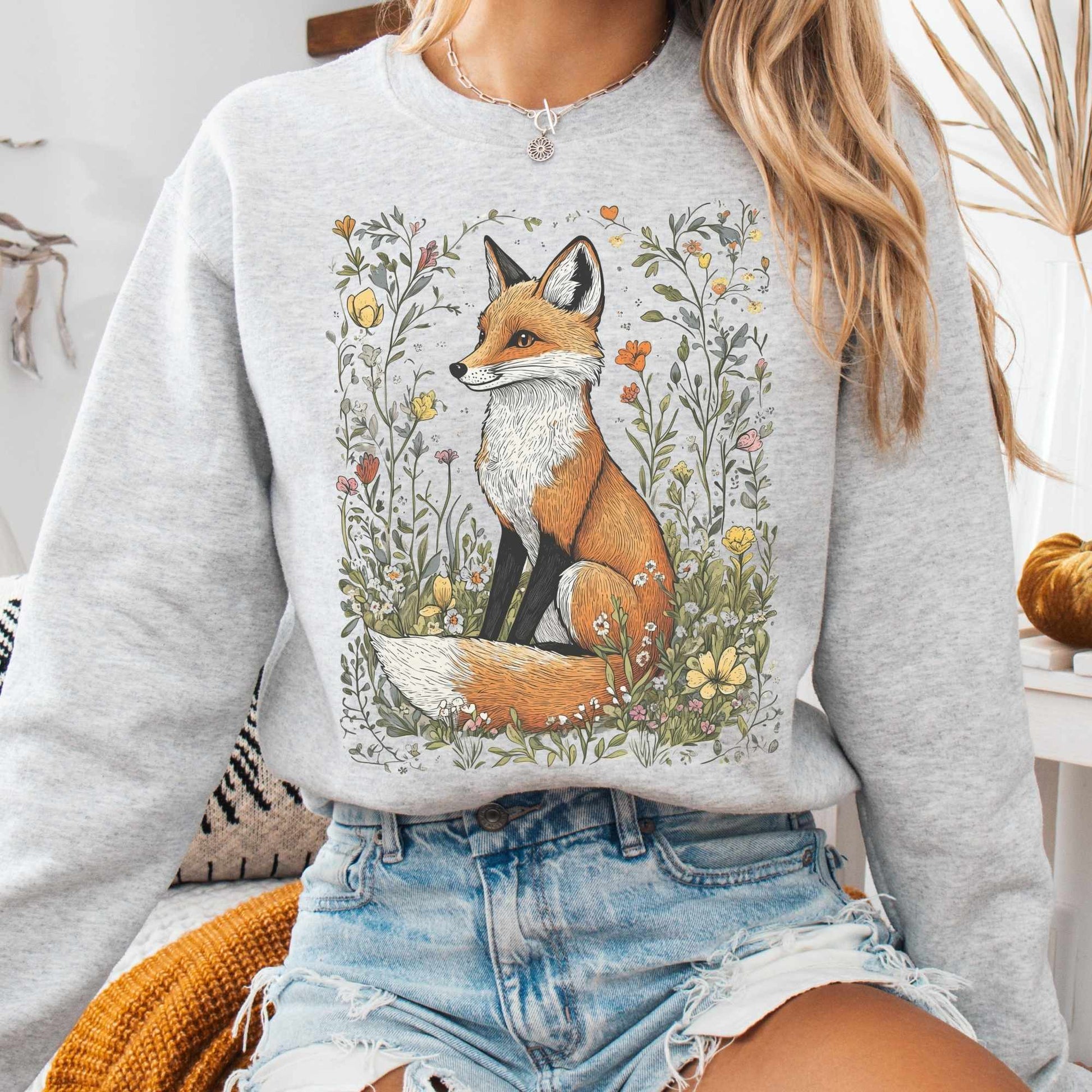 Sweatshirt Ash / S Vintage Happy Fox Cottagecore Sweatshirt The Mystic Eden