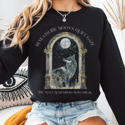 Sweatshirt Black / S Beneath The Moon The Wolf Remembers Who She Is Sweatshirt The Mystic Eden
