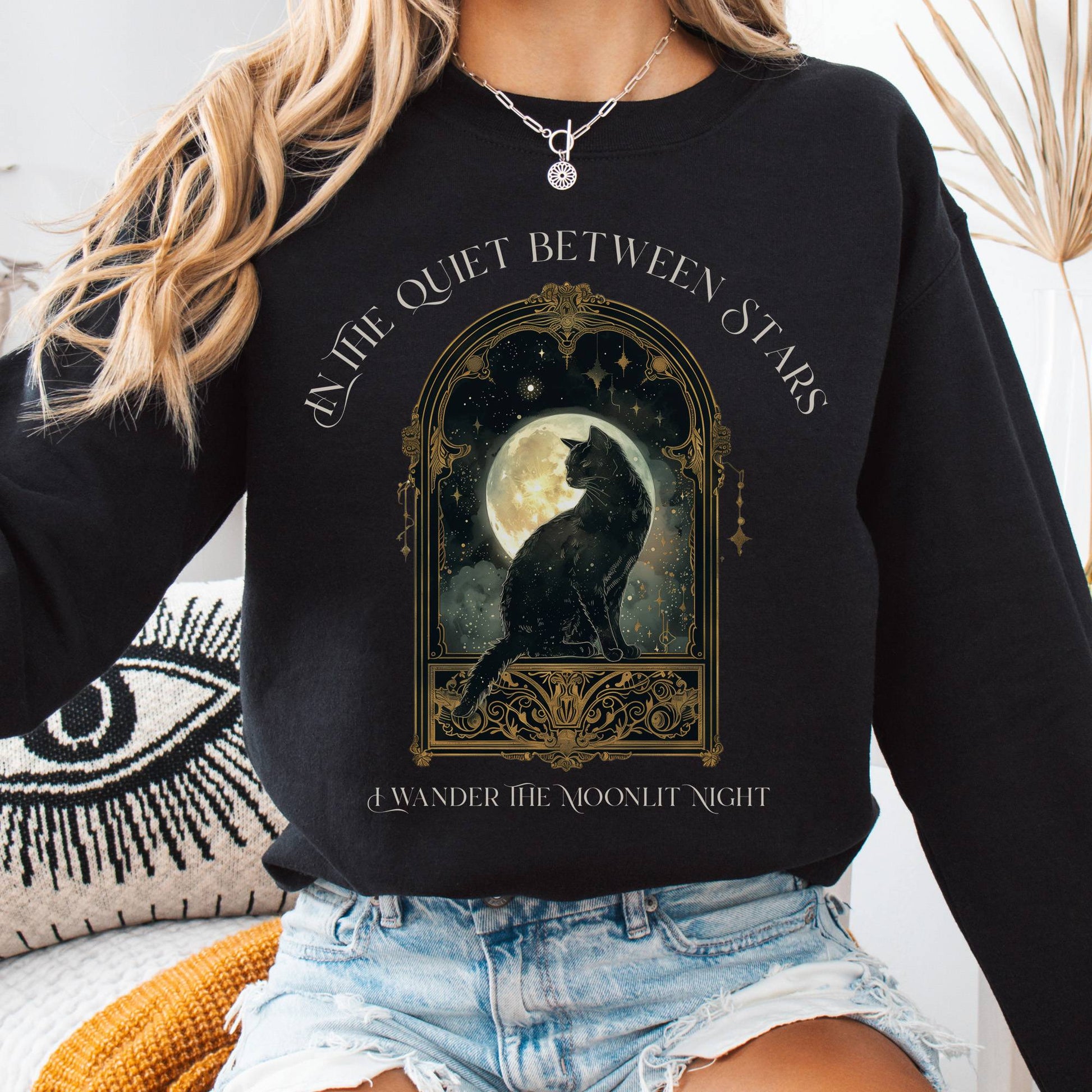 Sweatshirt Black / S In the Quiet Between Stars Moonlit Cat Sweatshirt The Mystic Eden