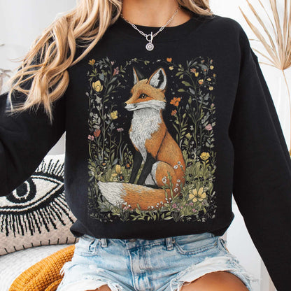Sweatshirt Black / S Vintage Happy Fox Cottagecore Sweatshirt The Mystic Eden