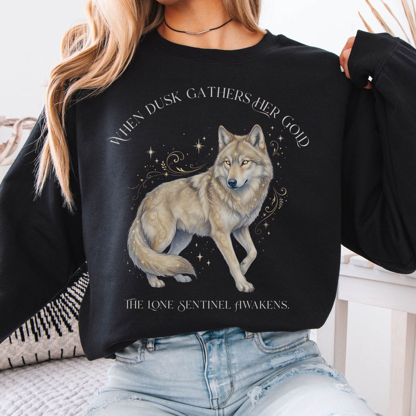 Sweatshirt Black / S When Dusk Gathers Her Gold Mystical Wolf Crewneck Sweatshirt The Mystic Eden