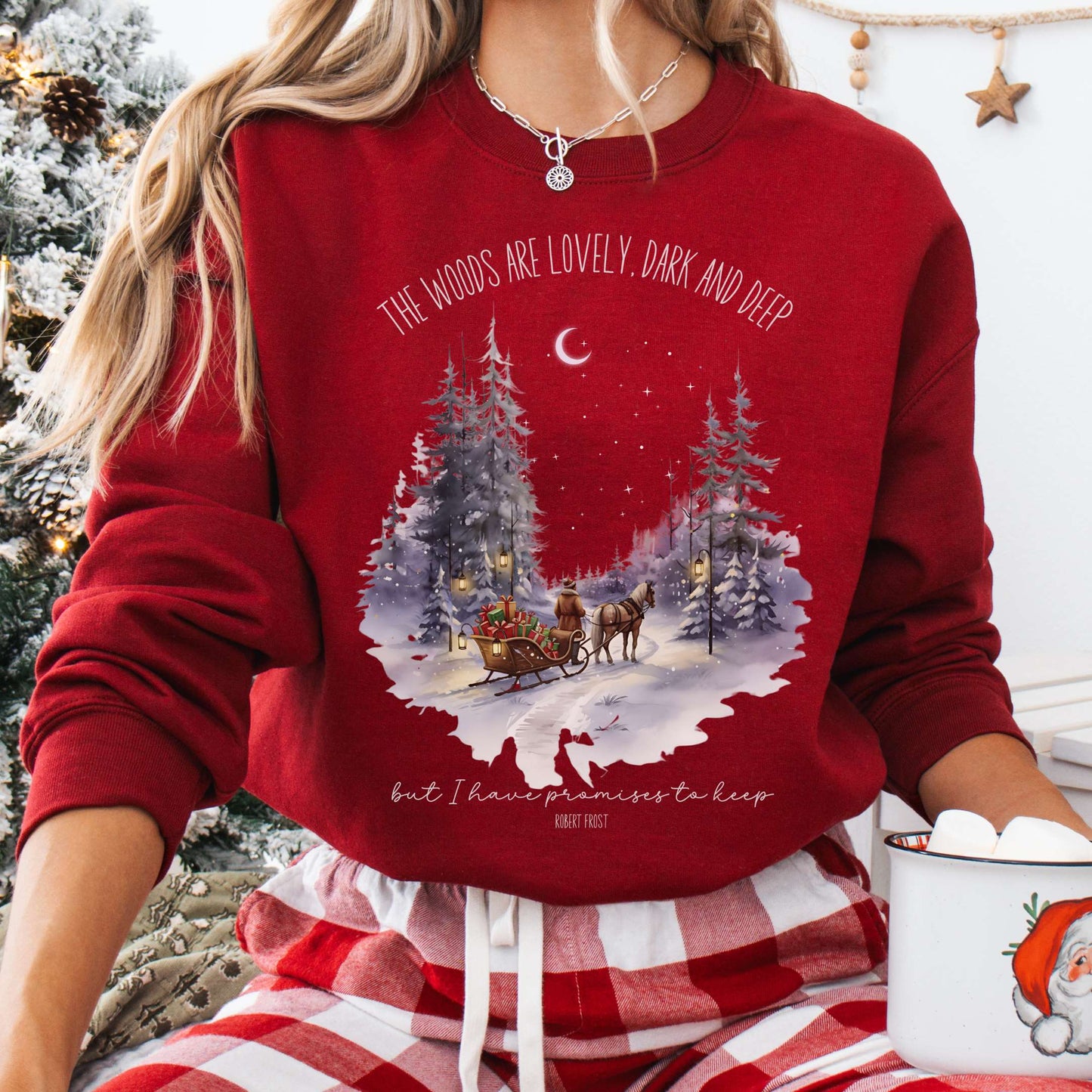 Sweatshirt Cardinal Red / S The Woods Are Lovely Robert Frost Christmas Sweatshirt The Mystic Eden
