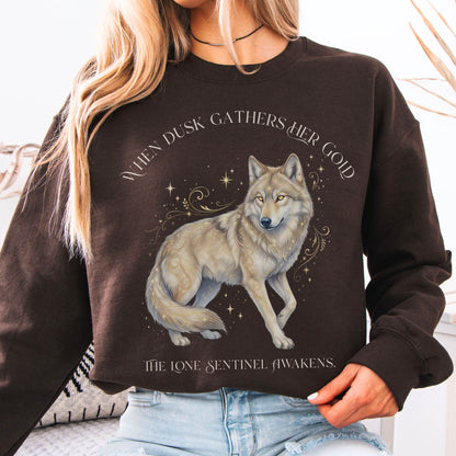 Sweatshirt Dark Chocolate / M When Dusk Gathers Her Gold Mystical Wolf Crewneck Sweatshirt The Mystic Eden
