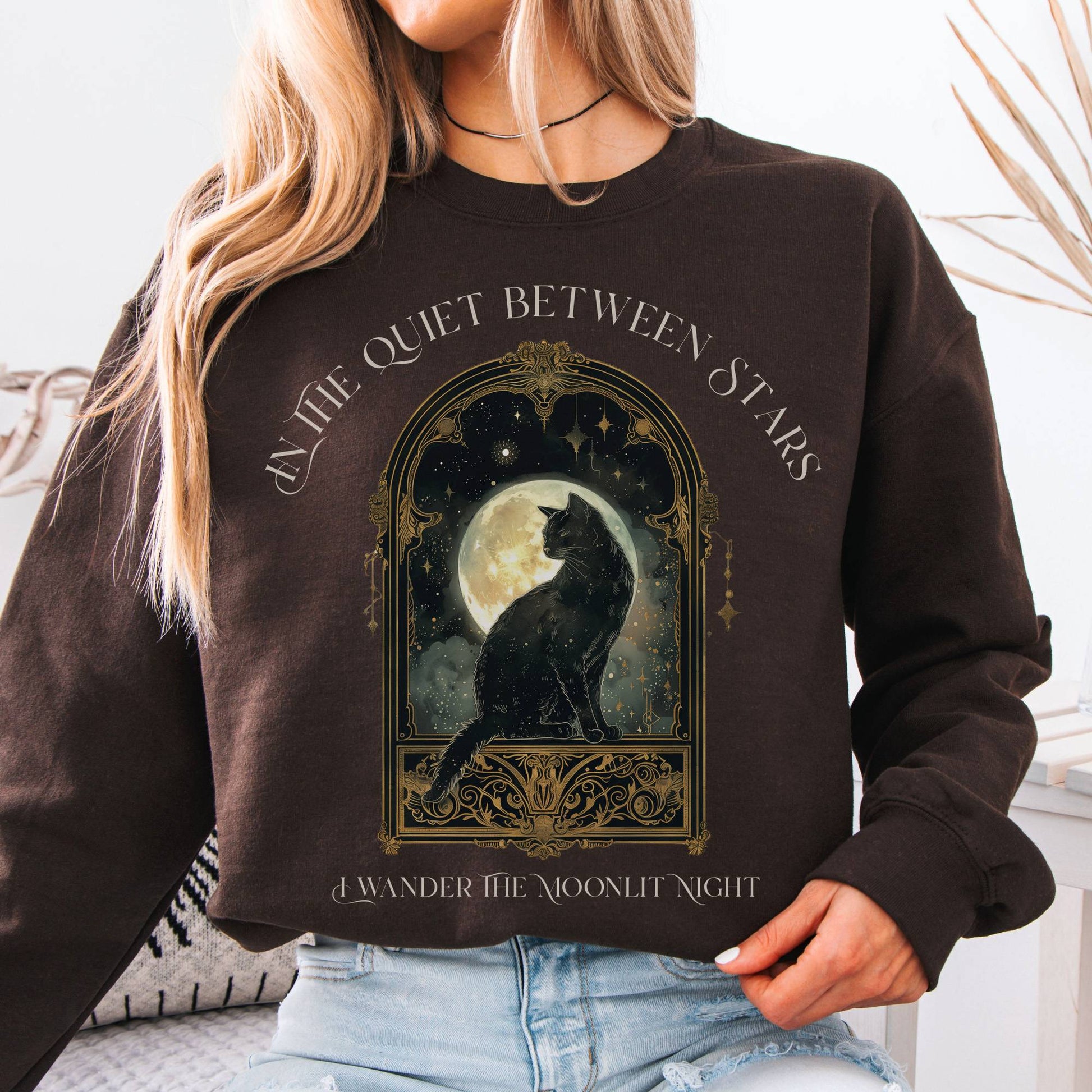 Sweatshirt Dark Chocolate / S In the Quiet Between Stars Moonlit Cat Sweatshirt The Mystic Eden