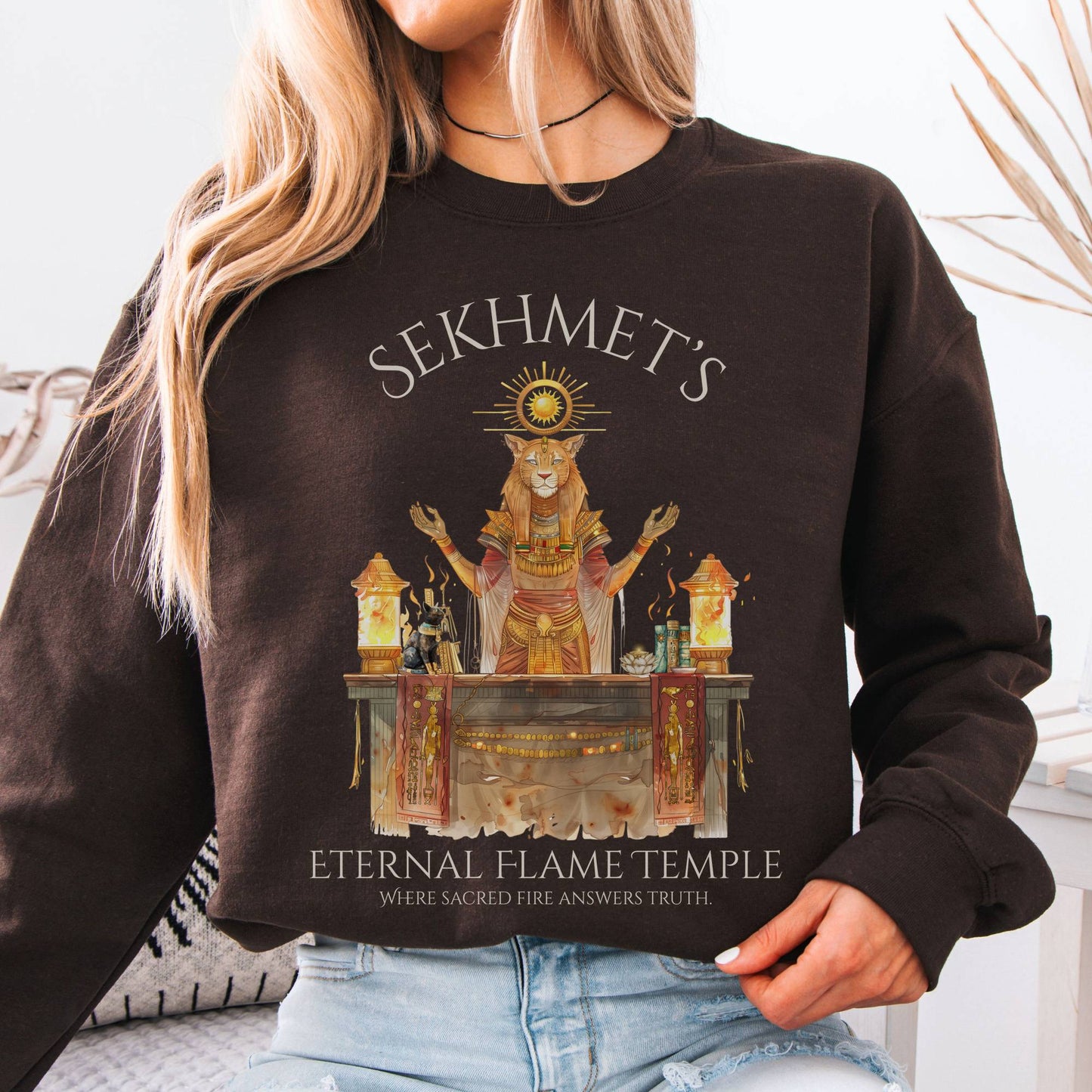 Sweatshirt Dark Chocolate / S Sekhmet's Eternal Flame Temple Egyptian Mythology Sweatshirt The Mystic Eden