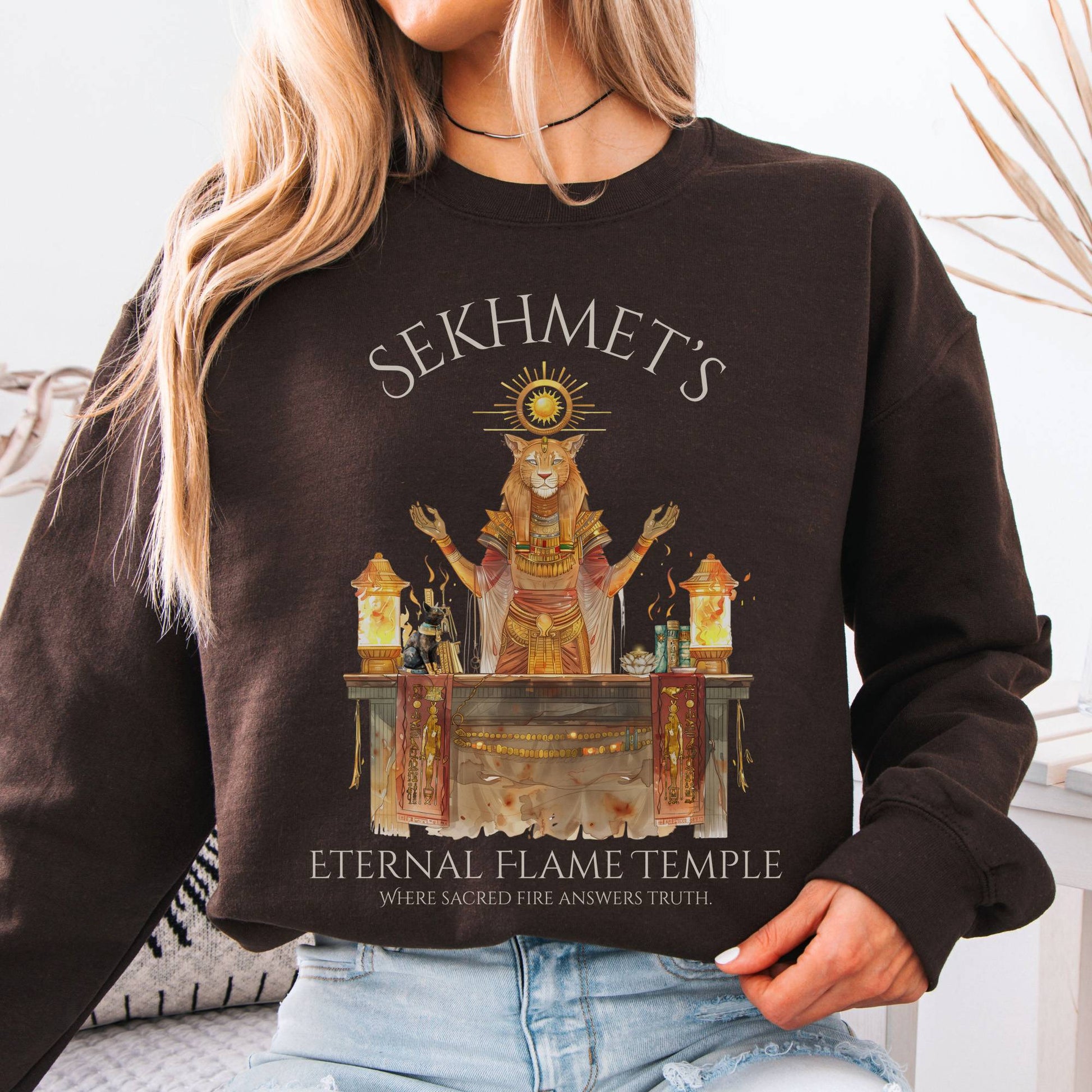 Sweatshirt Dark Chocolate / S Sekhmet's Eternal Flame Temple Egyptian Mythology Sweatshirt The Mystic Eden
