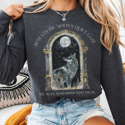 Sweatshirt Dark Heather / S Beneath The Moon The Wolf Remembers Who She Is Sweatshirt The Mystic Eden