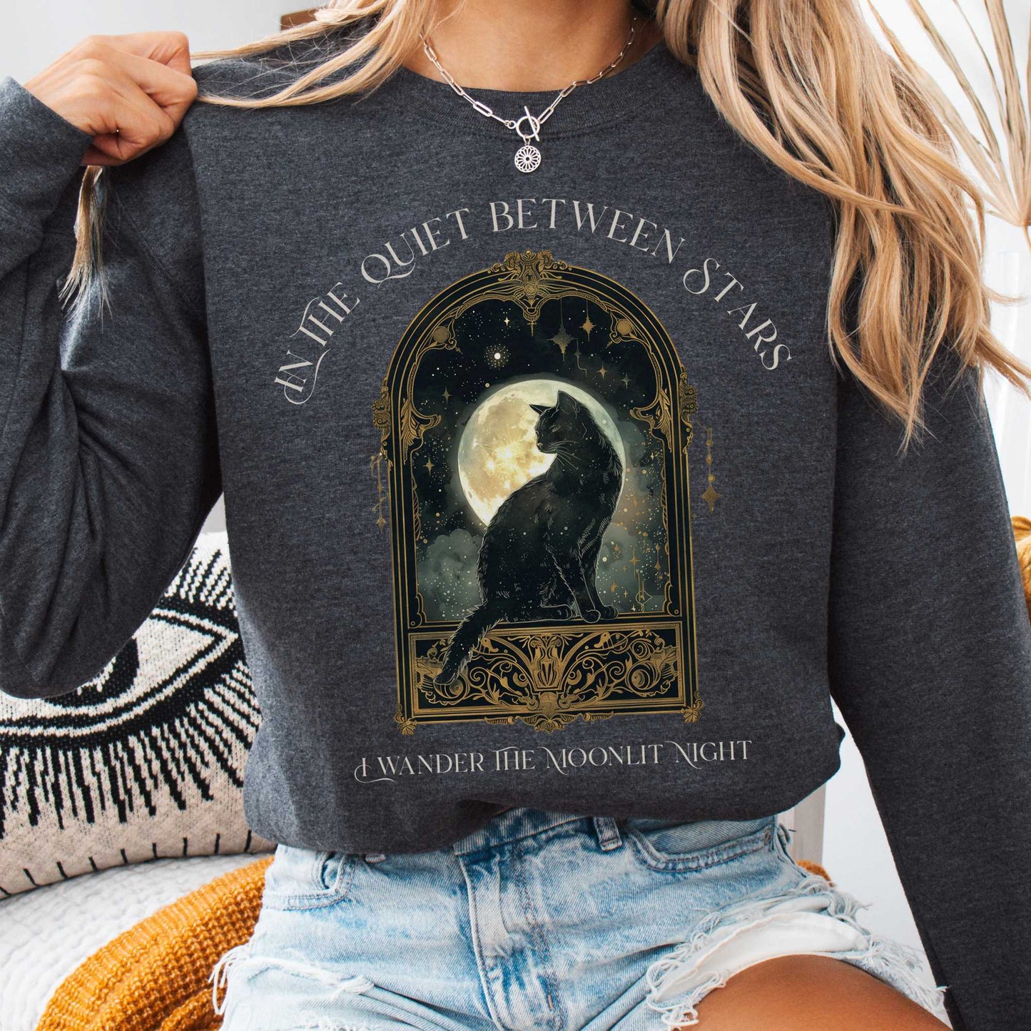 Sweatshirt Dark Heather / S In the Quiet Between Stars Moonlit Cat Sweatshirt The Mystic Eden