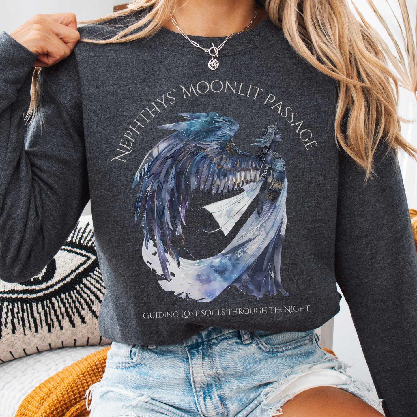 Sweatshirt Dark Heather / S Nephthys' Moonlit Passage Egyptian Mythology Sweatshirt The Mystic Eden