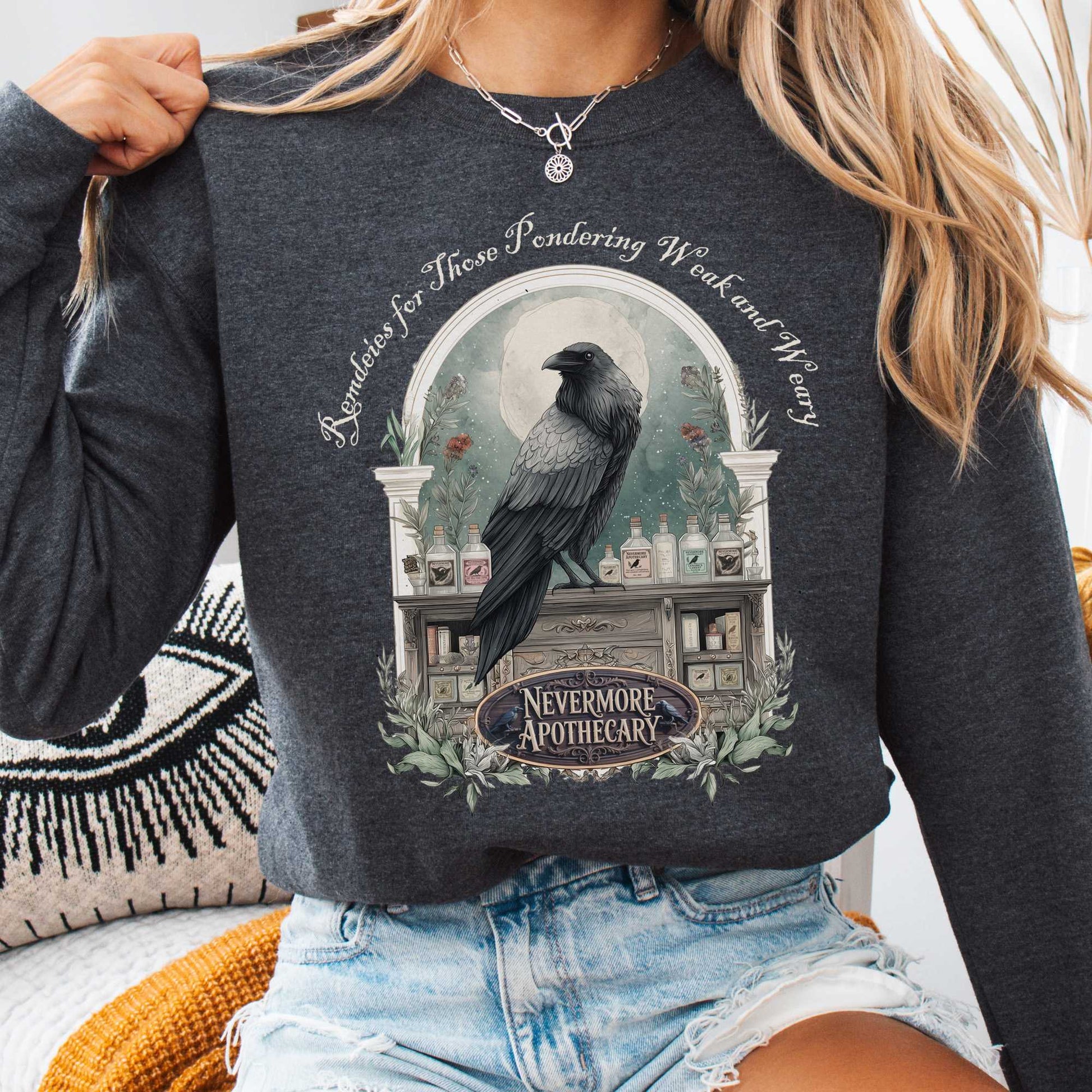Sweatshirt Dark Heather / S Nevermore Apothecary Edgar Allan Poe Sweatshirt The Mystic Eden