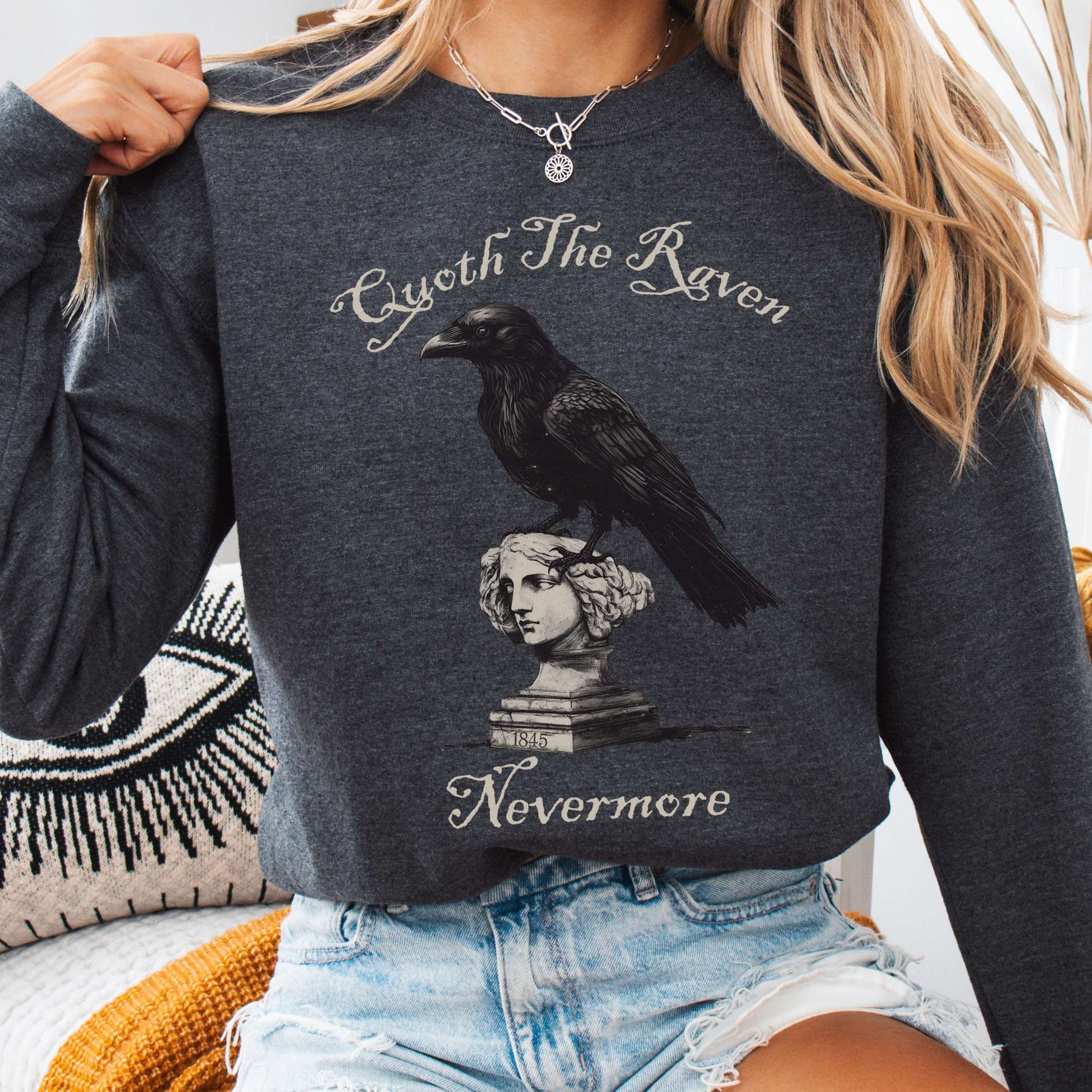 Sweatshirt Dark Heather / S Quoth the Raven Nevermore Poe Sweatshirt The Mystic Eden
