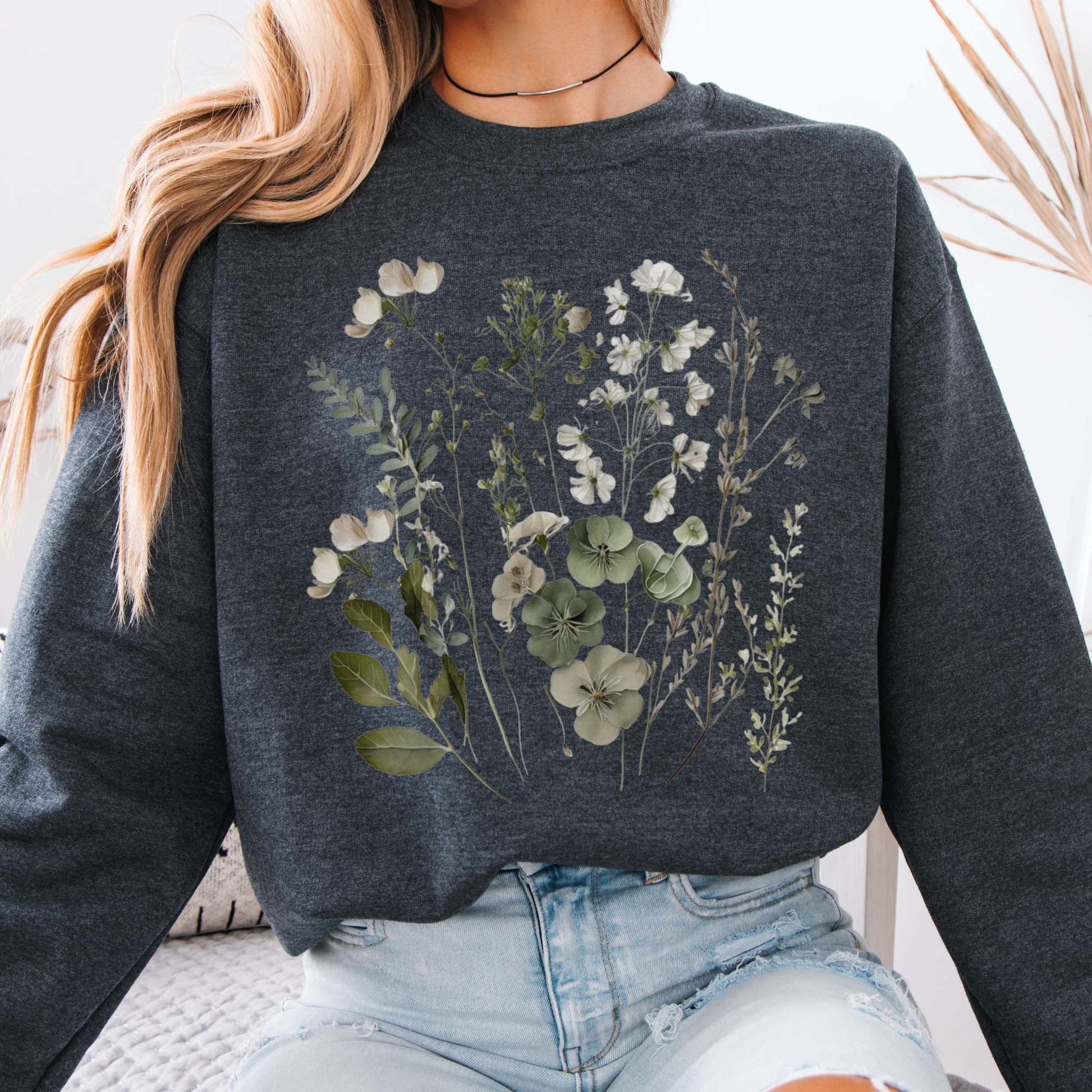 Sweatshirt Dark Heather / S Sage and White Wildflower  Sweatshirt The Mystic Eden