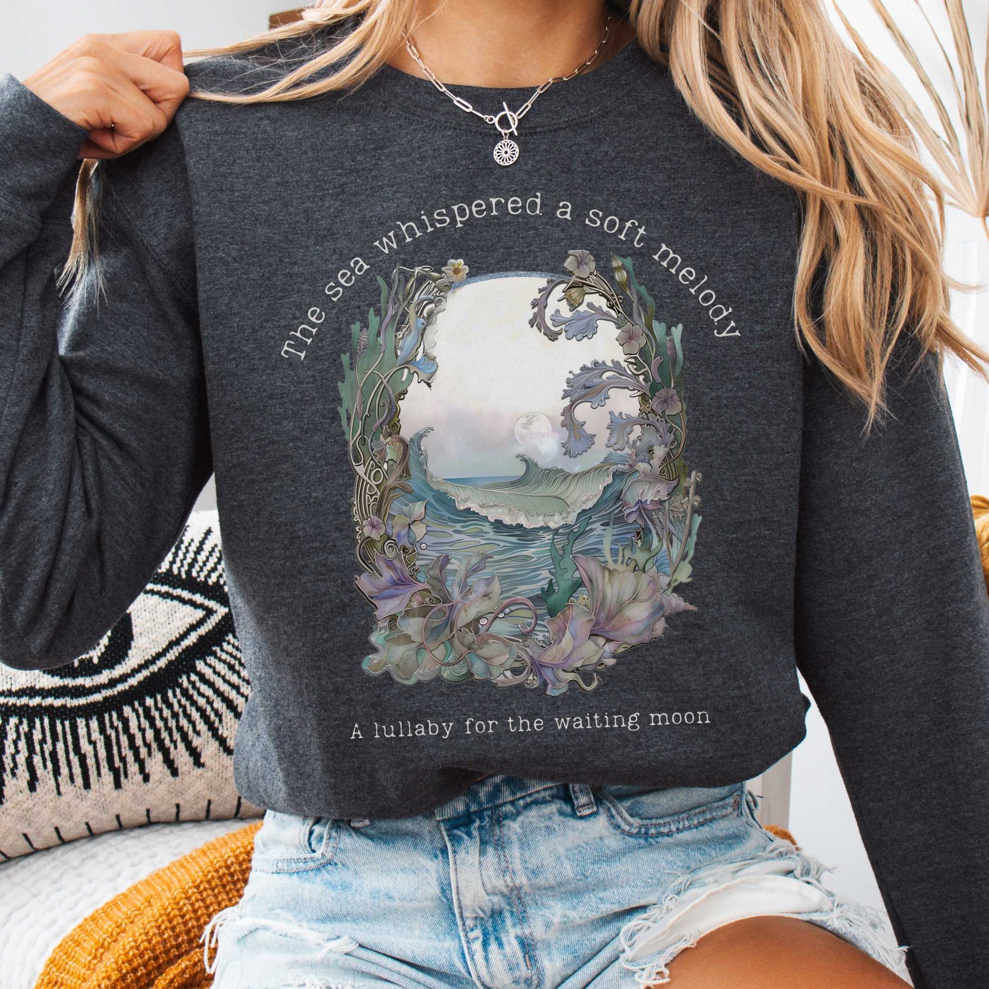 Sweatshirt Dark Heather / S Sea's Lullaby for the Waiting Moon Poetry Sweatshirt The Mystic Eden