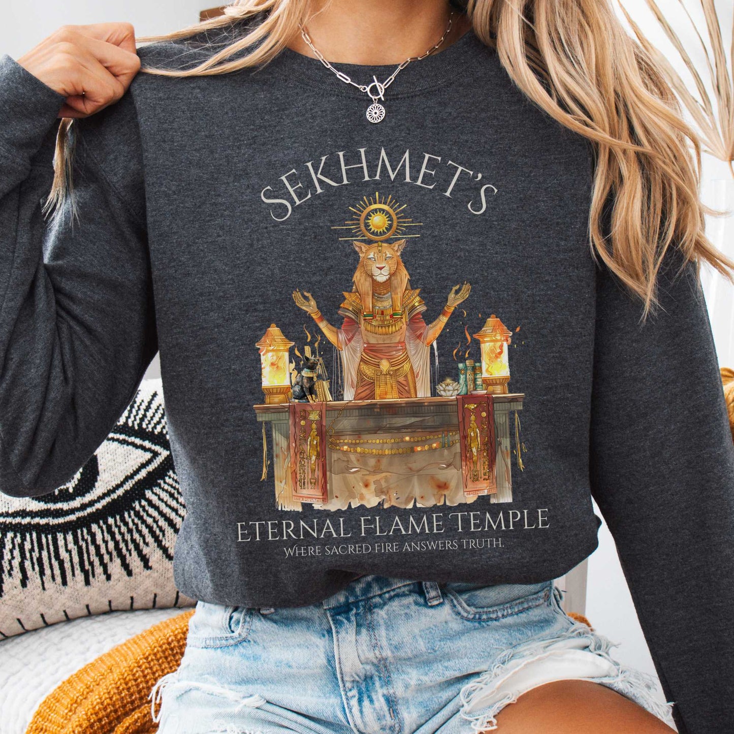 Sweatshirt Dark Heather / S Sekhmet's Eternal Flame Temple Egyptian Mythology Sweatshirt The Mystic Eden