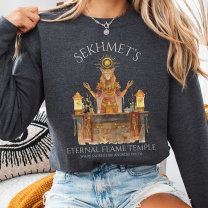 Sweatshirt Dark Heather / S Sekhmet's Eternal Flame Temple Egyptian Mythology Sweatshirt The Mystic Eden