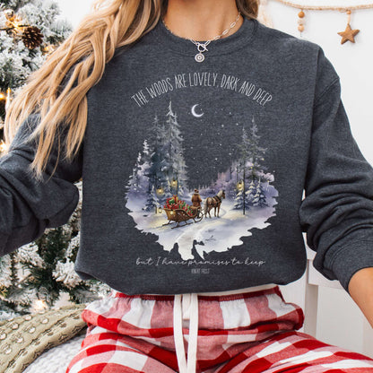 Sweatshirt Dark Heather / S The Woods Are Lovely Robert Frost Christmas Sweatshirt The Mystic Eden