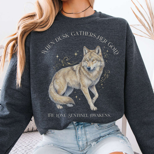 Sweatshirt Dark Heather / S When Dusk Gathers Her Gold Mystical Wolf Crewneck Sweatshirt The Mystic Eden