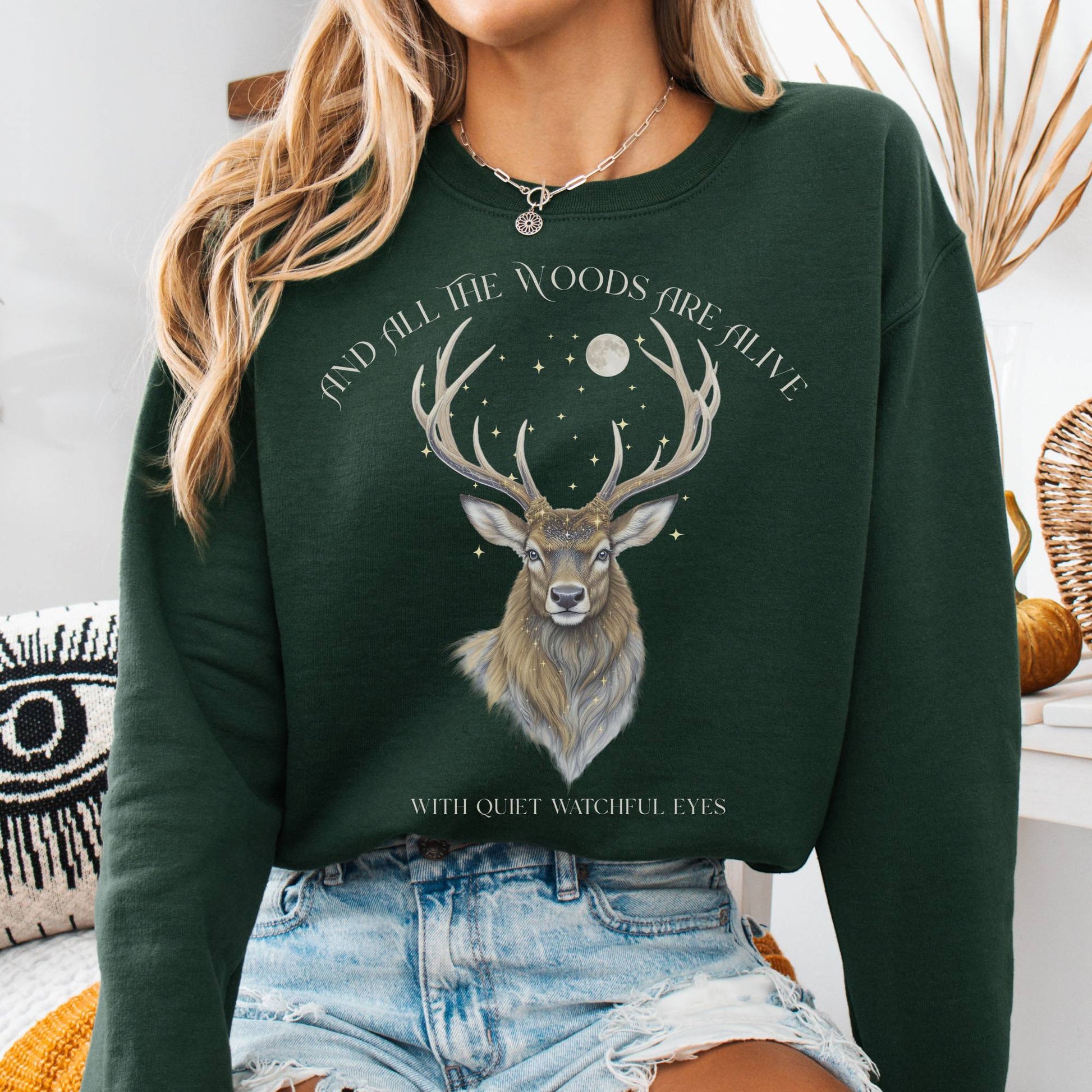 Sweatshirt Forest Green / S All the Woods Are Alive With Watchful Eyes Walter de la Mare Sweatshirt The Mystic Eden