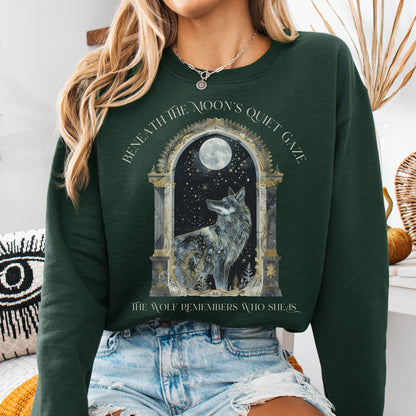Sweatshirt Forest Green / S Beneath The Moon The Wolf Remembers Who She Is Sweatshirt The Mystic Eden