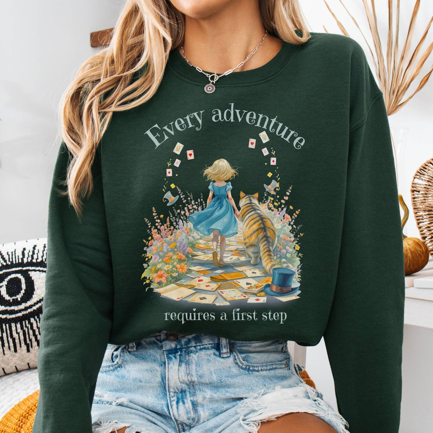 Sweatshirt Forest Green / S Every Adventure Requires a First Step Alice Sweatshirt The Mystic Eden