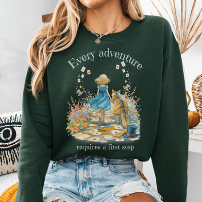 Sweatshirt Forest Green / S Every Adventure Requires a First Step Alice Sweatshirt The Mystic Eden