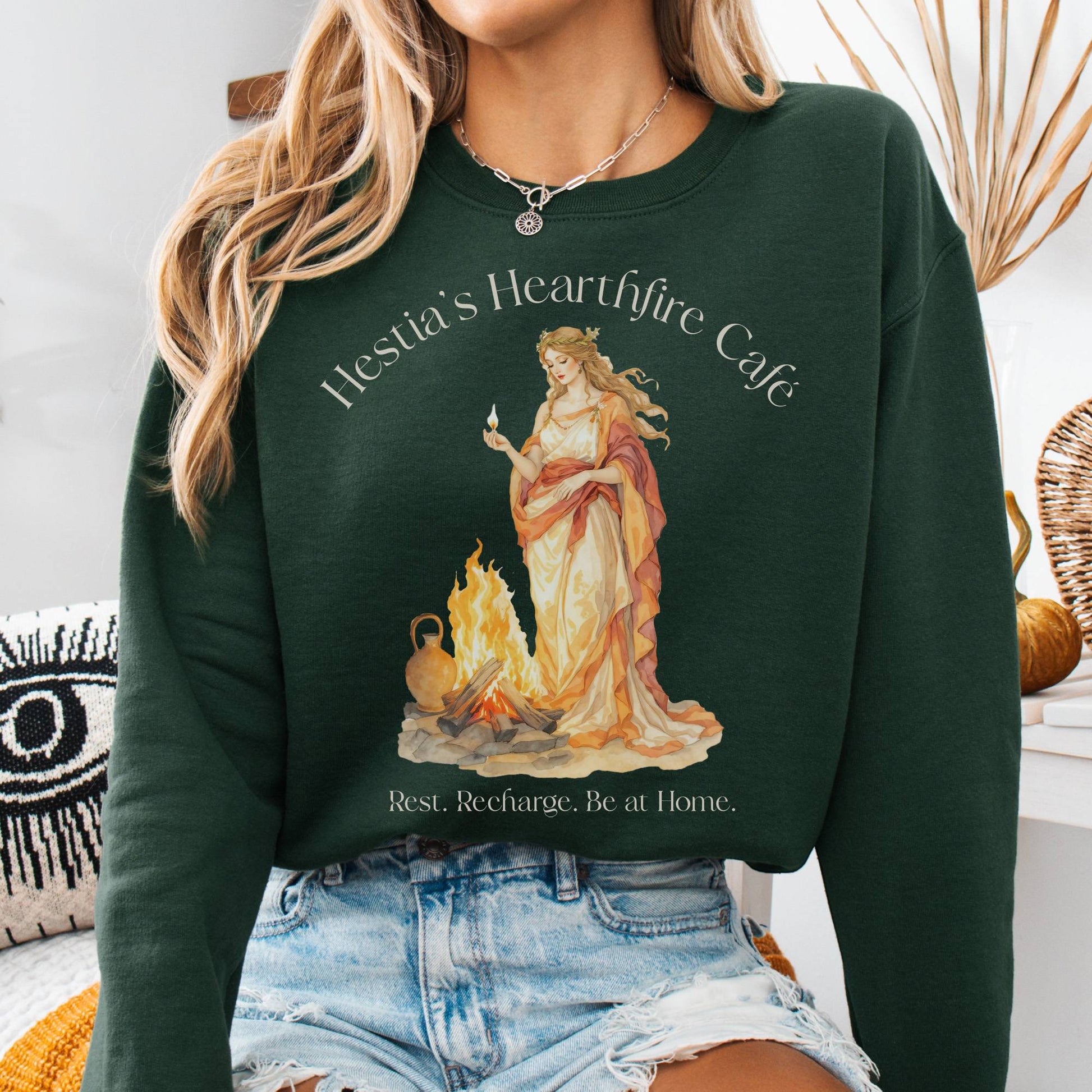 Sweatshirt Forest Green / S Hestia’s Hearthfire Café Mythology Sweatshirt The Mystic Eden