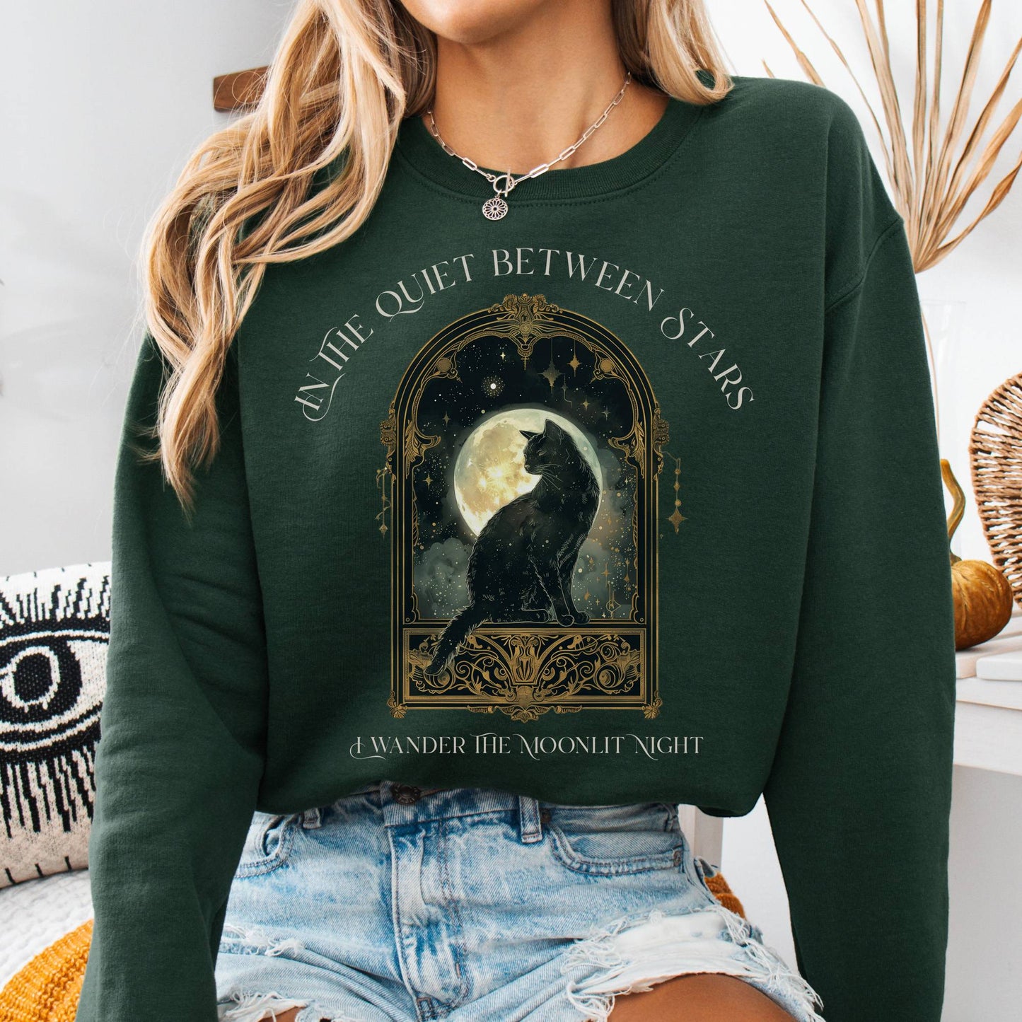 Sweatshirt Forest Green / S In the Quiet Between Stars Moonlit Cat Sweatshirt The Mystic Eden