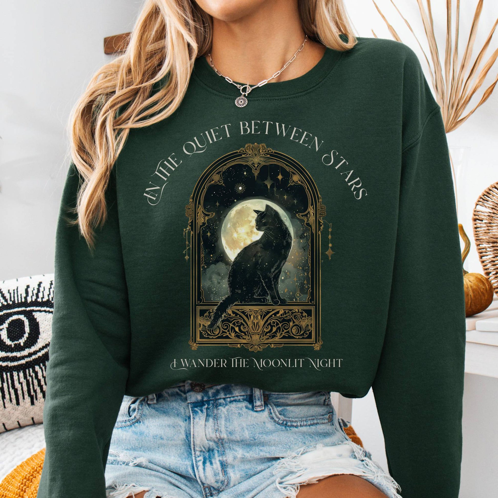 Sweatshirt Forest Green / S In the Quiet Between Stars Moonlit Cat Sweatshirt The Mystic Eden