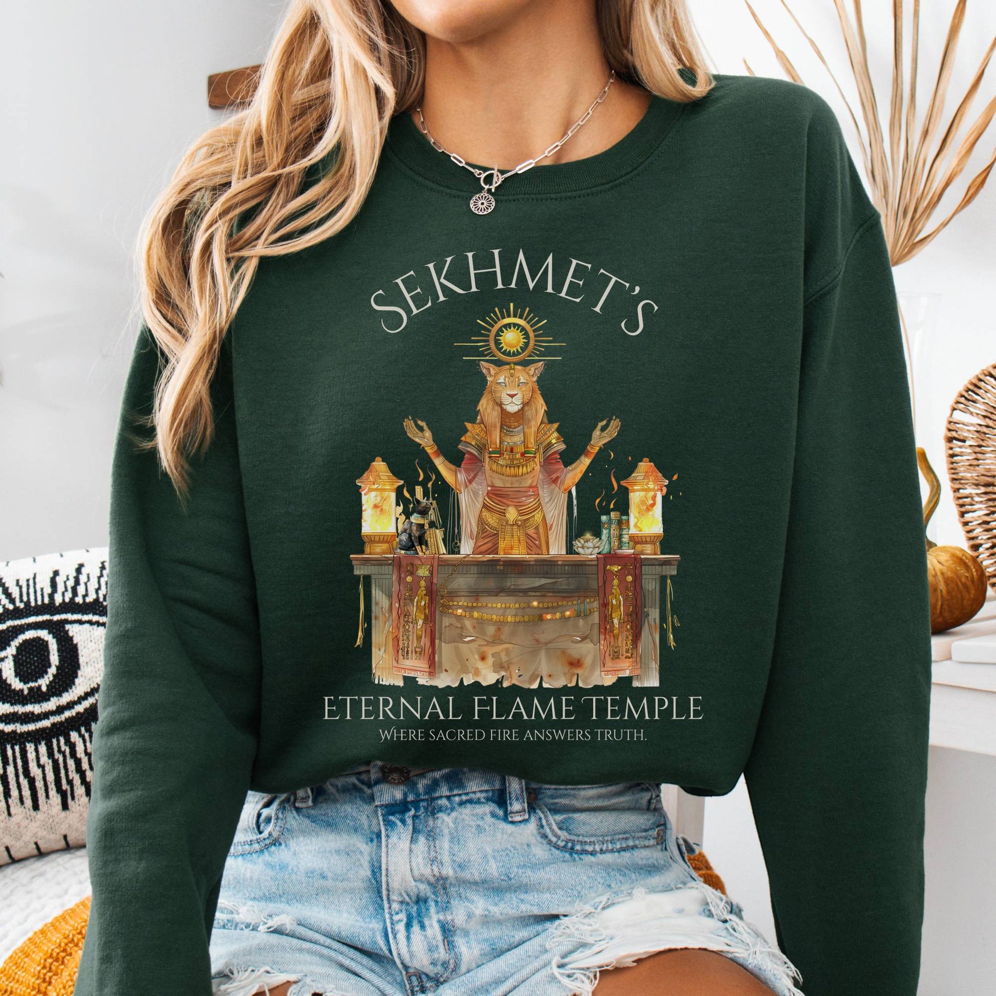 Sweatshirt Forest Green / S Sekhmet's Eternal Flame Temple Egyptian Mythology Sweatshirt The Mystic Eden