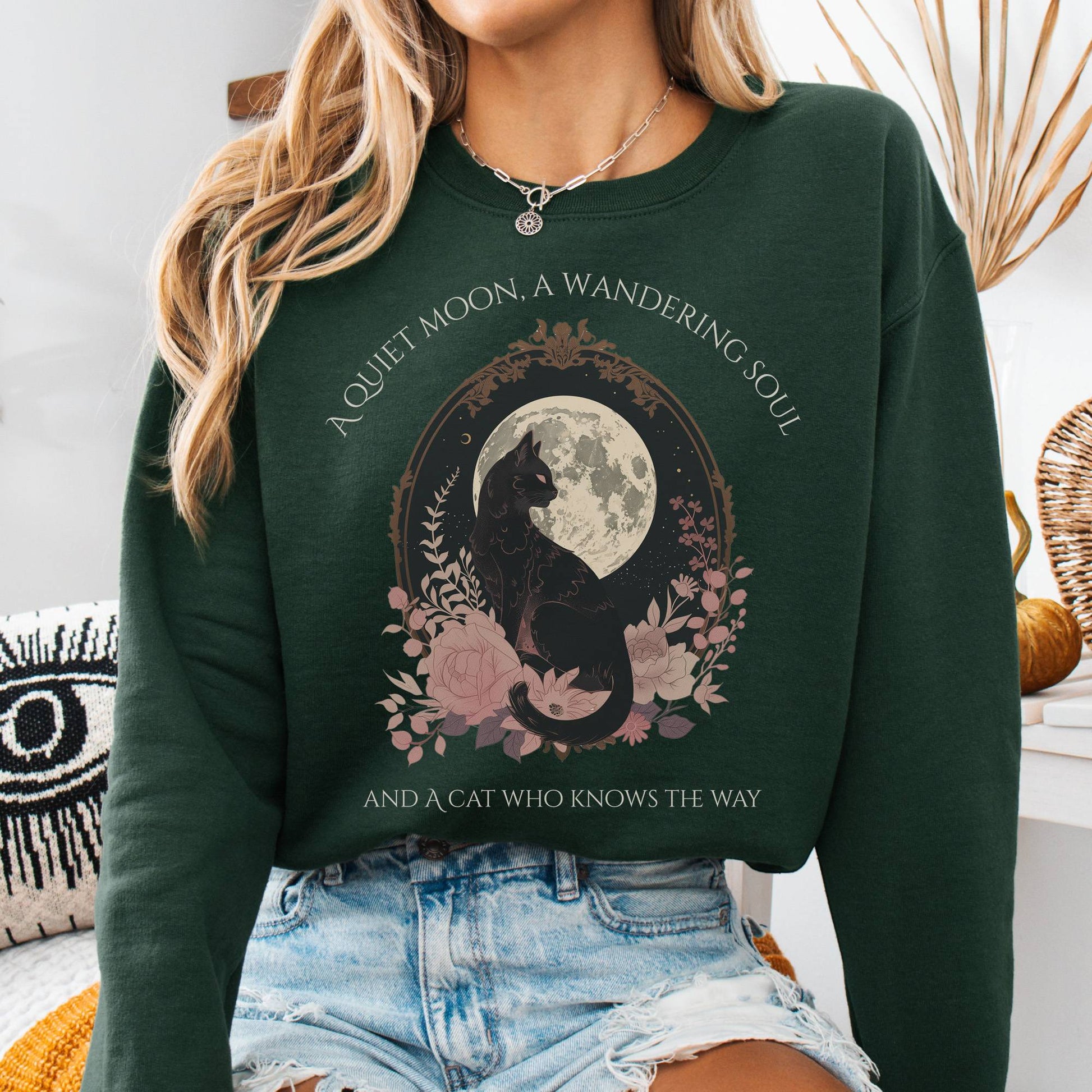 Sweatshirt Forest Green / S The Cat Who Knows the Way Poetry Sweatshirt The Mystic Eden