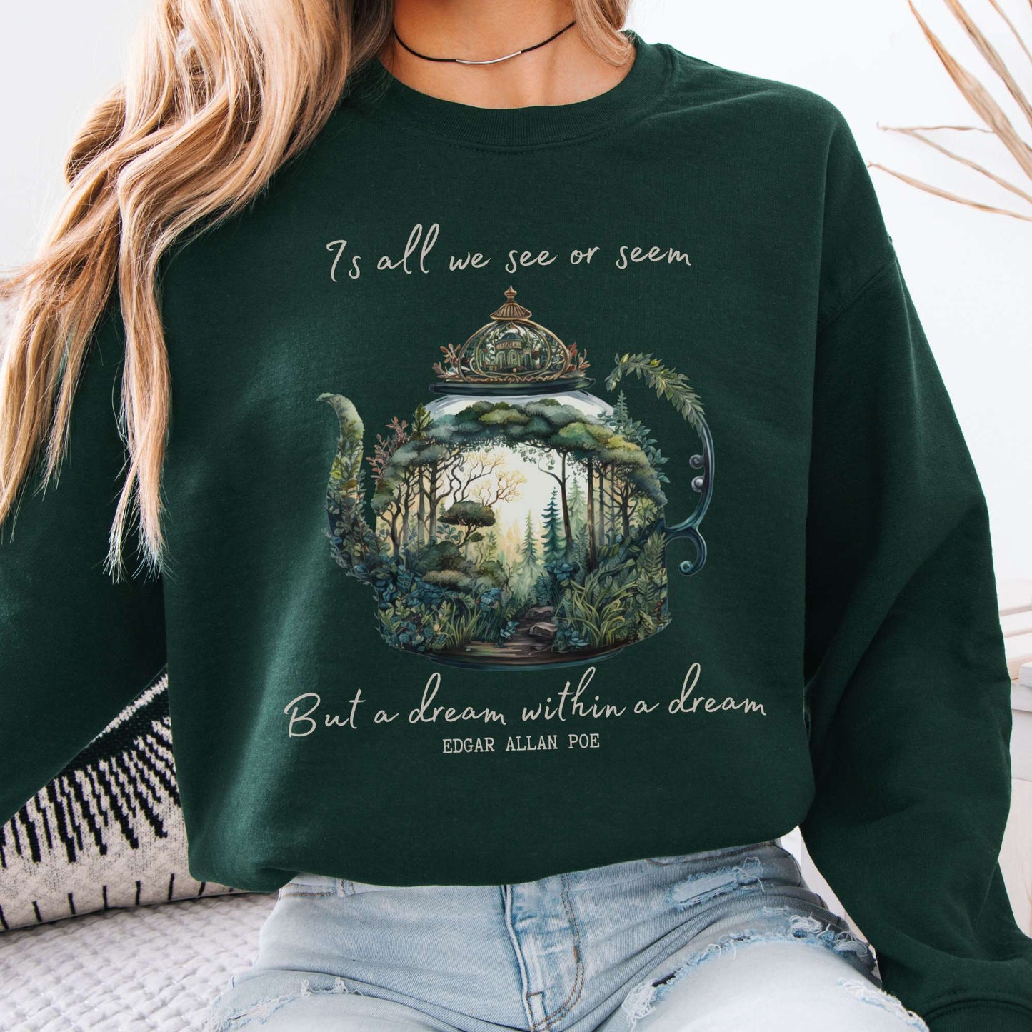Sweatshirt Forest Green / S Vintage Edgar Allan Poe Sweatshirt Dream Within A Dream The Mystic Eden
