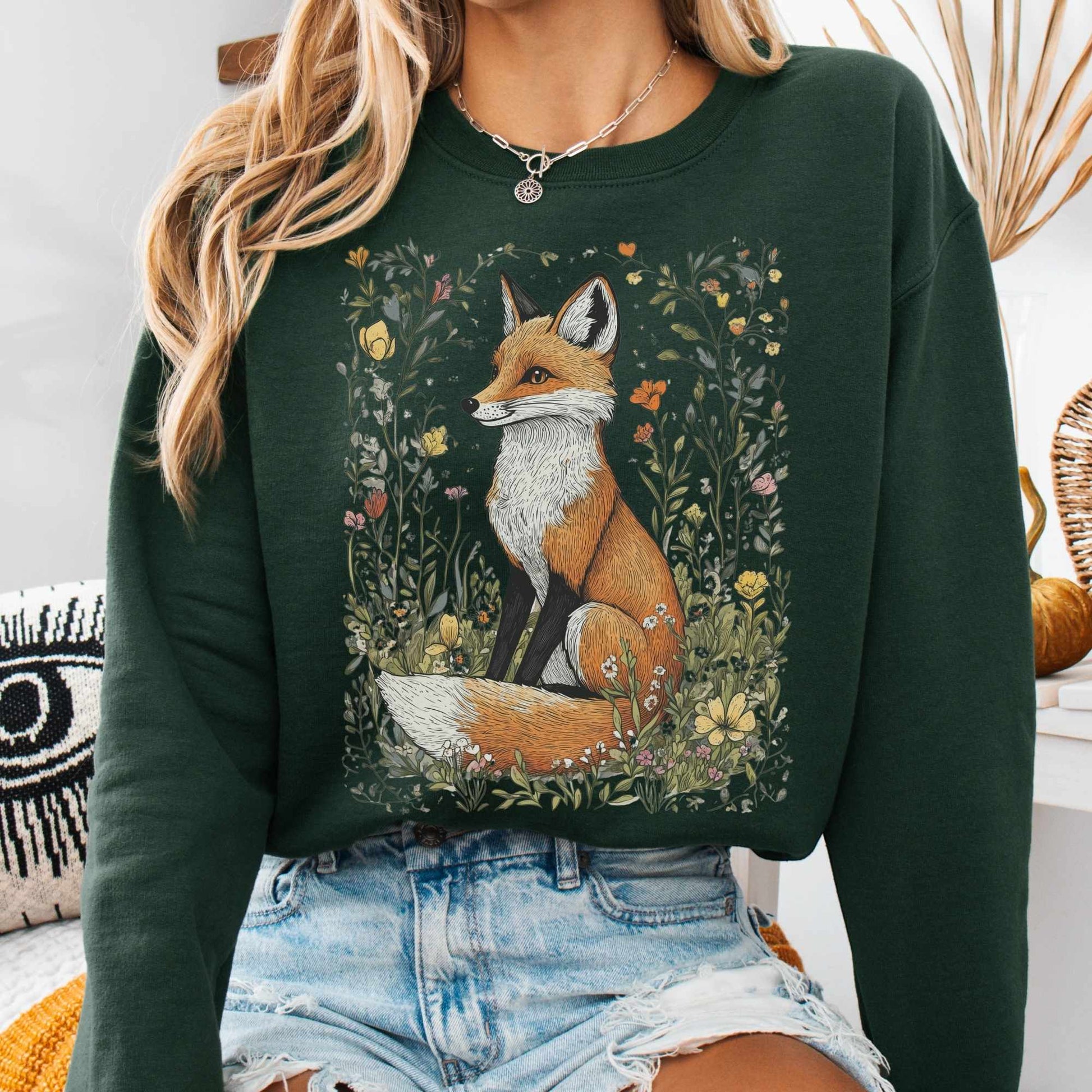 Sweatshirt Forest Green / S Vintage Happy Fox Cottagecore Sweatshirt The Mystic Eden