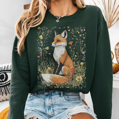Sweatshirt Forest Green / S Vintage Happy Fox Cottagecore Sweatshirt The Mystic Eden