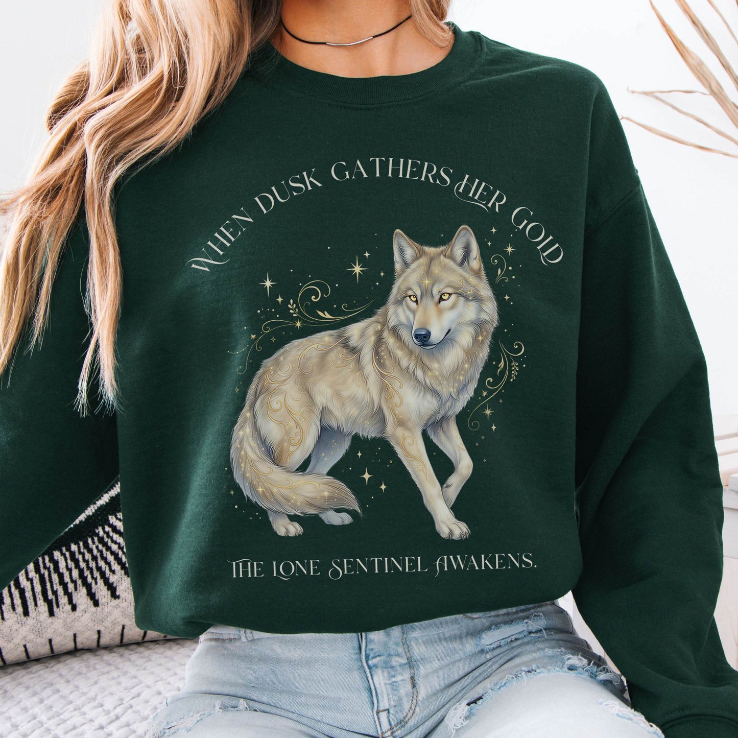 Sweatshirt Forest Green / S When Dusk Gathers Her Gold Mystical Wolf Crewneck Sweatshirt The Mystic Eden