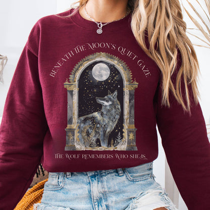 Sweatshirt Maroon / S Beneath The Moon The Wolf Remembers Who She Is Sweatshirt The Mystic Eden