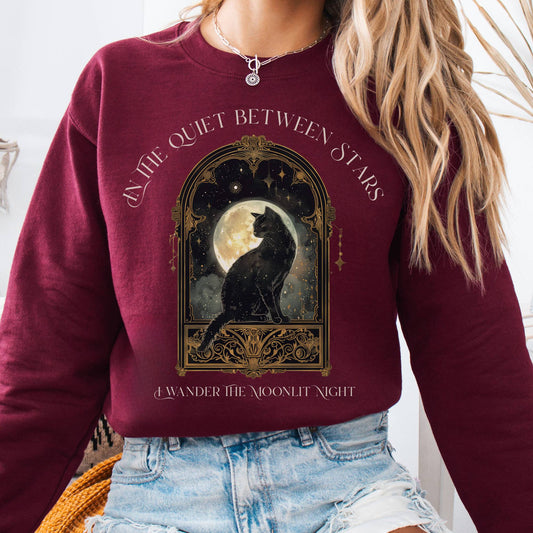 Sweatshirt Maroon / S In the Quiet Between Stars Moonlit Cat Sweatshirt The Mystic Eden