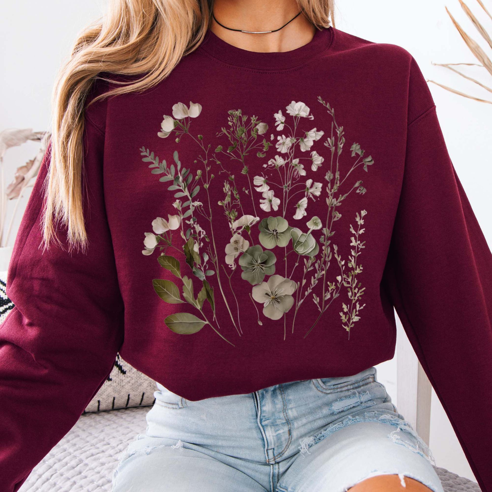 Sweatshirt Maroon / S Sage and White Wildflower  Sweatshirt The Mystic Eden