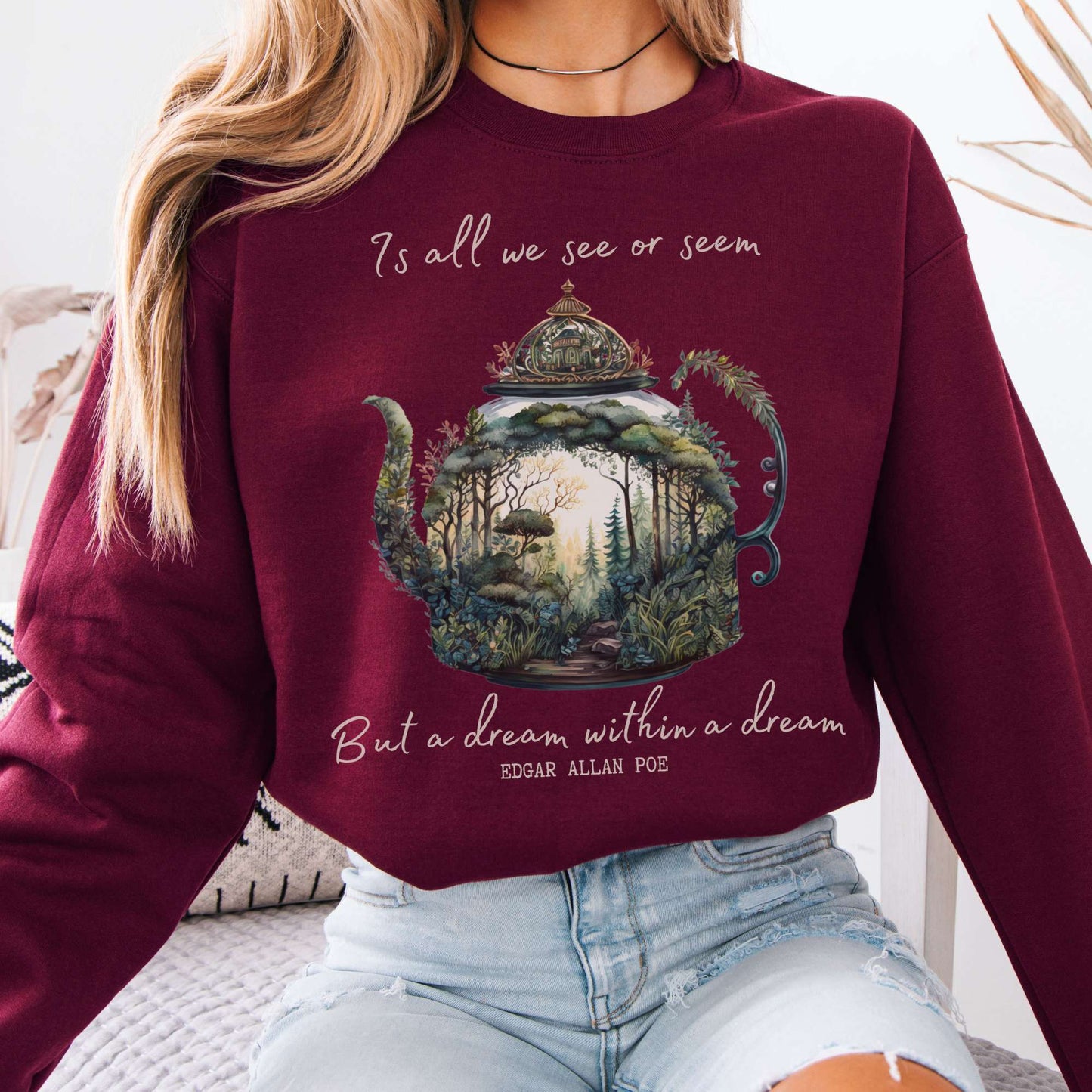 Sweatshirt Maroon / S Vintage Edgar Allan Poe Sweatshirt Dream Within A Dream The Mystic Eden