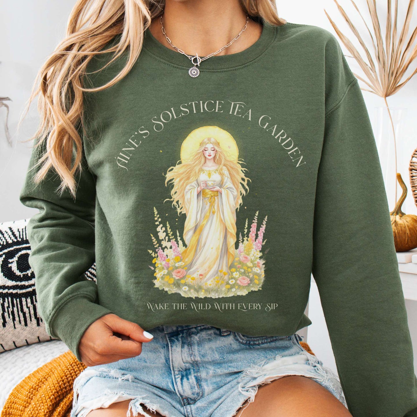 Sweatshirt Military Green / S Áine’s Solstice Tea Garden Celtic Goddess Sweatshirt The Mystic Eden