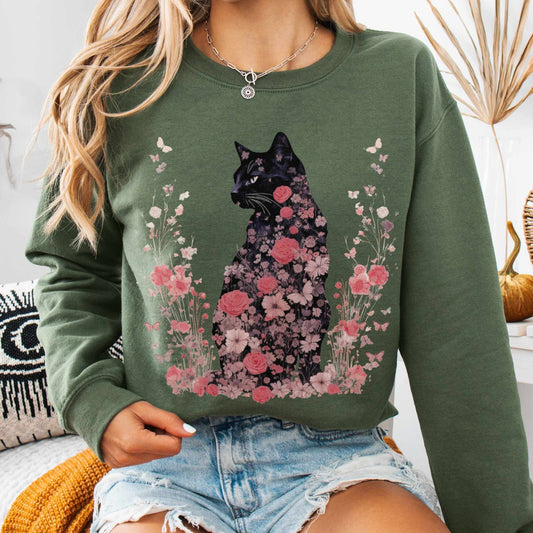 Sweatshirt Military Green / S Floral Black Cat Cottagecore Sweatshirt The Mystic Eden